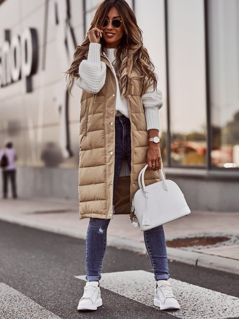 Damen Bodywarmer – Knielange Steppweste im Lagenlook