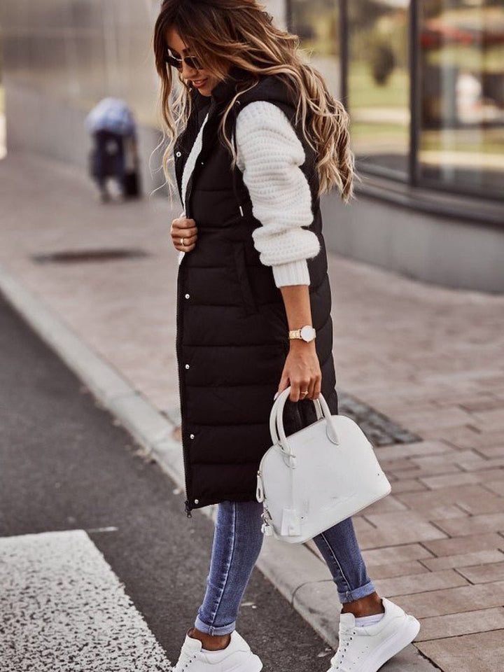 Damen Bodywarmer – Knielange Steppweste im Lagenlook