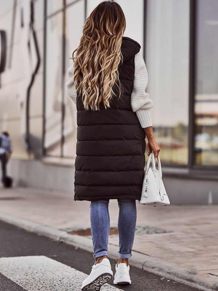 Damen Bodywarmer – Knielange Steppweste im Lagenlook
