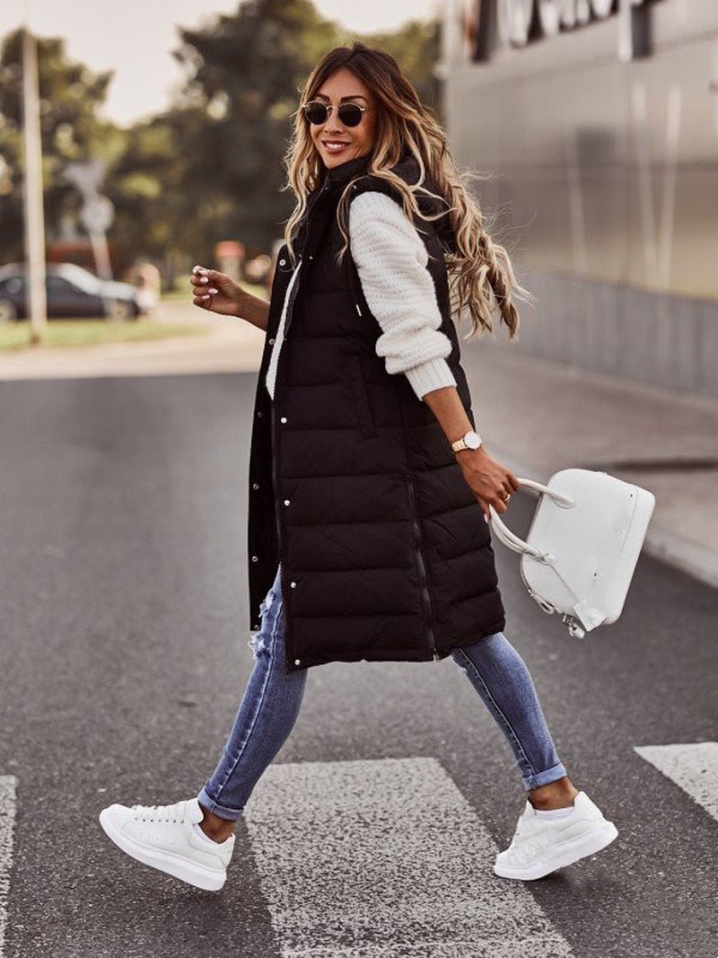 Damen Bodywarmer – Knielange Steppweste im Lagenlook