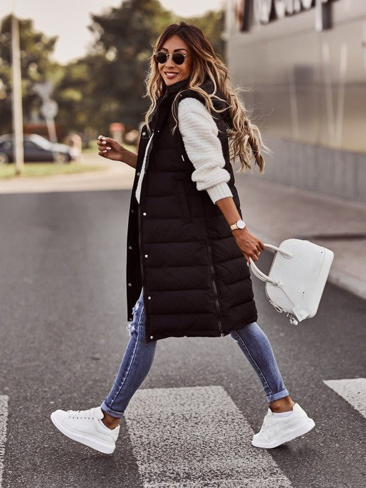 Damen Bodywarmer – Knielange Steppweste im Lagenlook