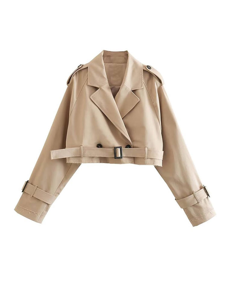 Damen Beiger Cropped Trenchcoat Mit Doppelter Knopfleiste