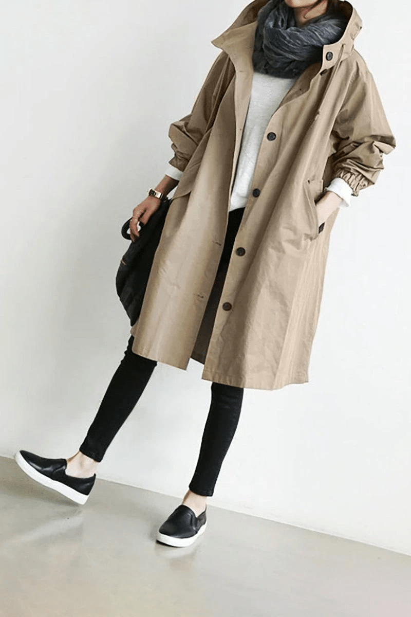 Damen Windjacke mit Knöpfen und Kapuze Wasserdicht