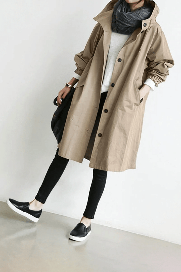 Damen Windjacke mit Knöpfen und Kapuze Wasserdicht