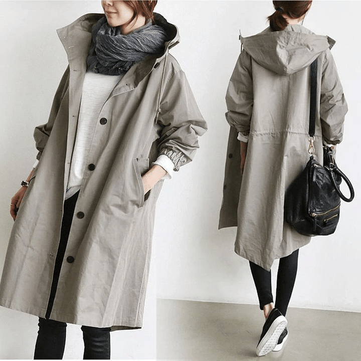 Damen Windjacke mit Knöpfen und Kapuze Wasserdicht