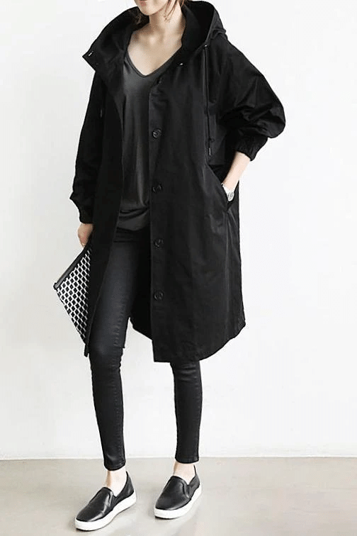 Damen Windjacke mit Knöpfen und Kapuze Wasserdicht